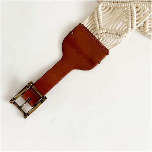 Tommy Bahama Macrame Braided Woven Cream Brown Leather Belt Brass Buckle Boho S - Picture 3 of 8